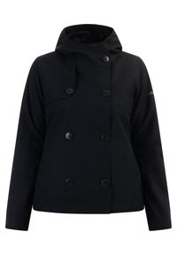 Chaqueta impermeable negra con cuello alto y cierre de botones doble. Presenta botones grandes y un detalle del logotipo en la manga.