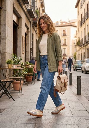 Mujer con camisa verde, camiseta blanca y jeans caminando por una calle empedrada, sosteniendo una mochila beige, con mesas de café y edificios cercanos.