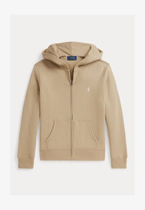 Béžová mikina na zip s kapsami vpředu, kapucí a malým bílým logem Polo Ralph Lauren na levé straně hrudi.