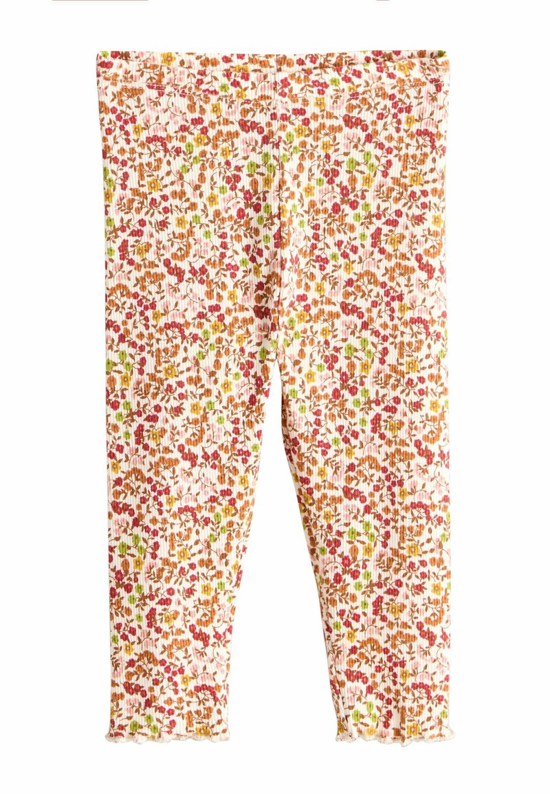 Félhosszú leggings bordázott textúrával, világos alapon rózsaszín, piros, narancssárga és zöld virágmintával. Hullámos szegély.