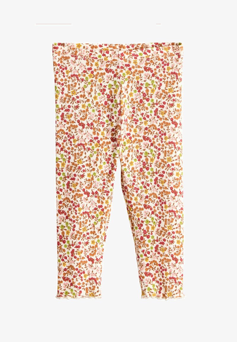 Félhosszú leggings bordázott textúrával, világos alapon rózsaszín, piros, narancssárga és zöld virágmintával. Hullámos szegély.