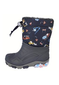 Kinder sneeuwlaars met een bovenwerk van zwarte stof met bouwvoertuigpatronen, grijze rubberen zool en lichtgevende accenten op de hiel.