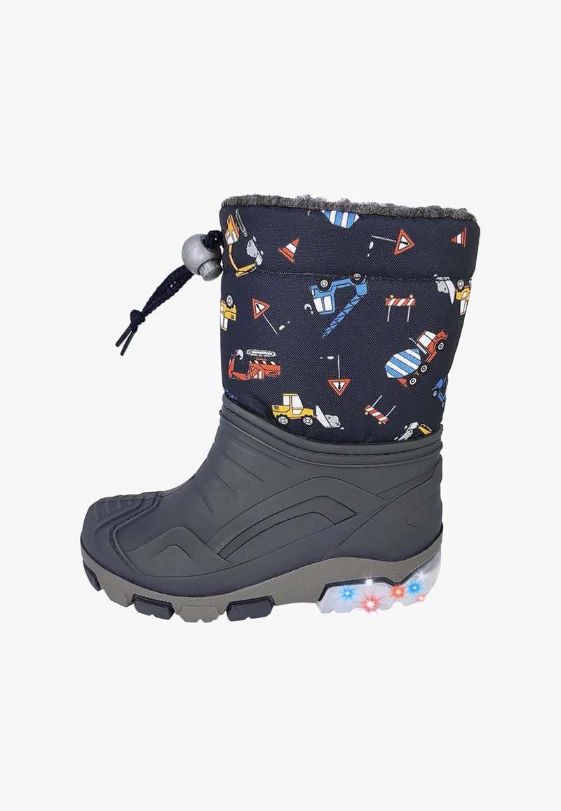 Kinder sneeuwlaars met een bovenwerk van zwarte stof met bouwvoertuigpatronen, grijze rubberen zool en lichtgevende accenten op de hiel.