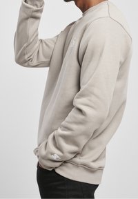 Beige sweatshirt with a crew neck, ribbed cuffs, and hem. Features a subtle white logo on the chest and a star accent on the sleeve.