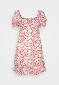 Červené a bílé květinové šaty s nabíranými rukávy, čtvercovým výstřihem a řaseným lemem. Vyrobeno z lehkého materiálu s texturovaným vzorem.