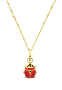 Collana d'oro con un ciondolo a forma di coccinella rossa con macchie nere, finitura lucida e un attacco ad anello per appenderla. La catena è sottile e intrecciata.