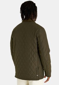 Gequilted olijfgroene jas met een relaxte pasvorm, met een kraag, drukknoopaccenten en een gestructureerd oppervlak op de rug.