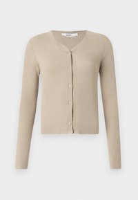 Beige gerippter Cardigan mit V-Ausschnitt, langen Ärmeln und einer Knopfleiste. Weicher Stoff mit sechs passenden Knöpfen in der Mitte.
