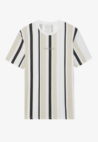 Striped cotton t-shirt featuring horizontal lines in beige, white, and black. Embroidered “NEW YORK” text on the front center.