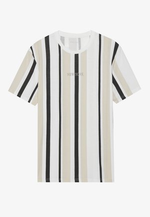 Stribet bomulds t-shirt med vandrette linjer i beige, hvid og sort. Broderet "NEW YORK" tekst i midten foran.
