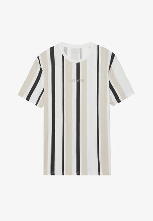 Ribaga puuvillane T-särk, millel on horisontaalsed triibud beežis, valges ja mustas. Esiosas keskel on kirjaga "NEW YORK".