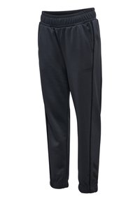 Svarta träningsbyxor i slätt tyg, med elastisk midja, sidofickor och diskret logotyp med kontrasterande vertikala ränder.