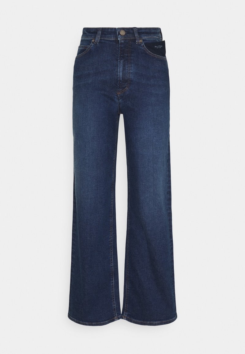 Jeans évasés en denim bleu foncé. Design taille haute avec cinq poches, fermeture éclair à l'avant et bouton. Style minimaliste, sans motifs.