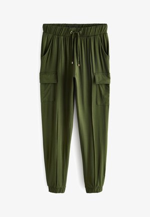 Zelené cargo nohavice s elastickým pásom, sťahovaním na šnúrku, bočnými vreckami a dvoma cargo vreckami. Hladká, ľahká tkanina.