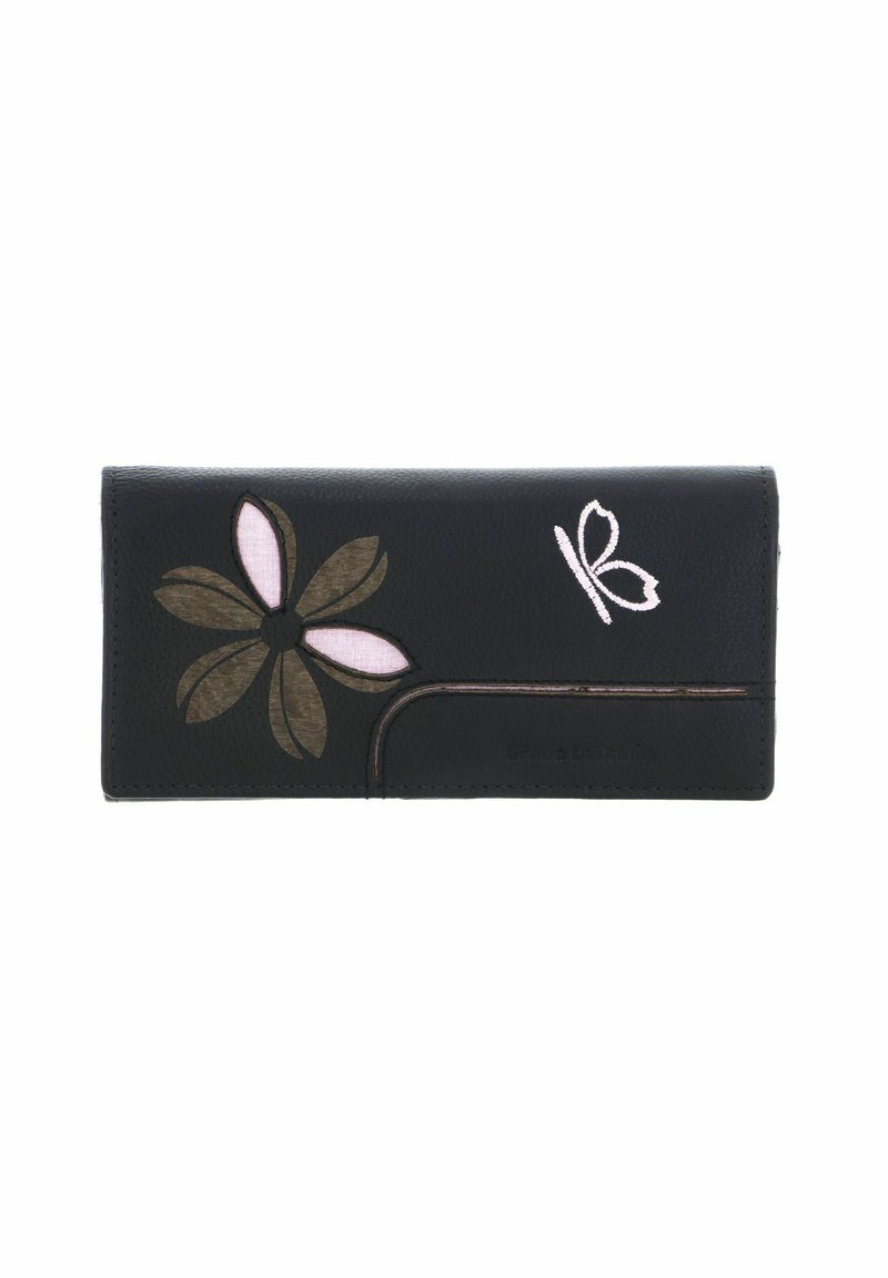 Portefeuille en cuir noir avec des motifs floraux et de papillons en rose et vert, avec une texture lisse et de petites touches métalliques.