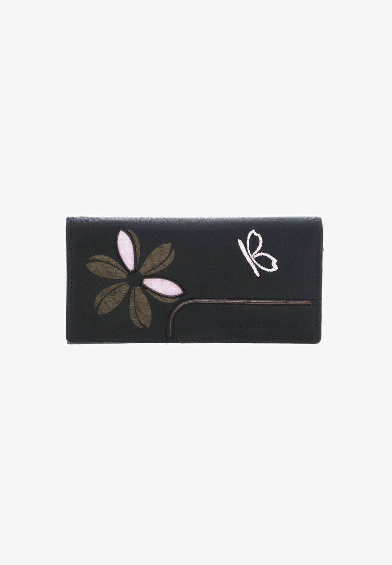 Portefeuille en cuir noir avec des motifs floraux et de papillons en rose et vert, avec une texture lisse et de petites touches métalliques.