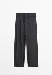 Black, lightweight, elastic-waist pants with a straight cut. Features two side pockets and a smooth texture. Ideal for casual wear.