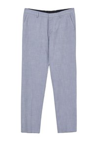 Hellblaue Stoffhose aus strukturiertem Material mit geradem Schnitt, seitlichen Taschen und einem Knopfverschluss an der Taille.