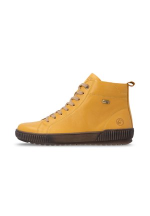 Yellow high-top leather sneaker with beige laces, dark brown sole, and small brand tags on side and heel, shown in side profile.