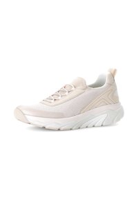 Licht beige sportschoen gemaakt van mesh en synthetische materialen. Kenmerkt zich door een dikke witte zool, slip-on ontwerp en elastische veters.