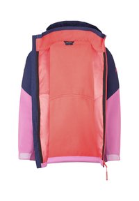 Multicolor jacket with a navy exterior and pink accents. Interior features a bright coral lining and mesh fabric. Zipper front closure.