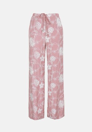 Lyserøde bukser med vide ben med hvid blomsterbroderi og snøre i taljen, vist mod en ensfarvet baggrund.