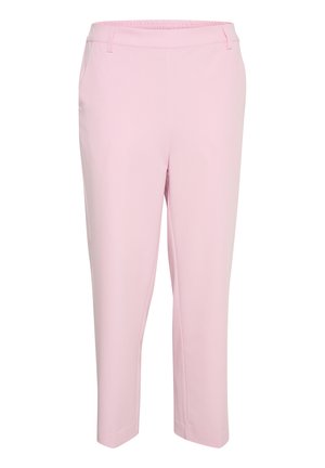 Heledad roosad püksid pehme ja sileda tekstuuriga, millel on elastsest materjalist vöökoht, küljetaskud ja lühendatud pikkus.