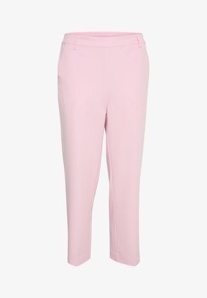 Pantalons rose clair avec une texture douce et lisse, dotés d'une taille élastique, de poches latérales et d'une longueur raccourcie.