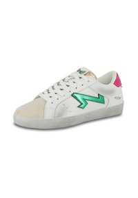 White sneaker featuring a green lightning bolt design, suede toe area, pink heel accent, and a textured rubber sole. Gold details on the tongue.