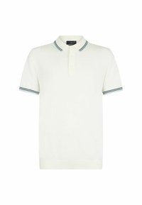 Weißes Kurzarm-Polohemd mit einer Knopfleiste mit drei Knöpfen, kontrastierendem blau-grünem gestreiften Kragen und Ärmelabschlüssen. Baumwollmaterial.