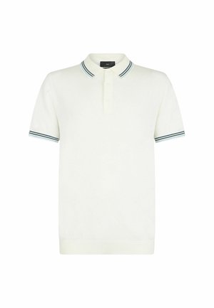 Weißes Kurzarm-Polohemd mit einer Knopfleiste mit drei Knöpfen, kontrastierendem blau-grünem gestreiften Kragen und Ärmelabschlüssen. Baumwollmaterial.