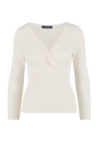 Hluboký rukáv, žebrovaný top v cihlovém odstínu s V-výstřihem a zkrouceným předním detailem. Měkká tkanina s přiléhavým siluetou pro elegantní vzhled.