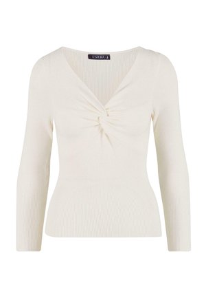 Langærmet, ribbet top i off-white med V-hals og snoet frontdetalje. Blødt stof med en tætsiddende silhuet for et slankt udseende.