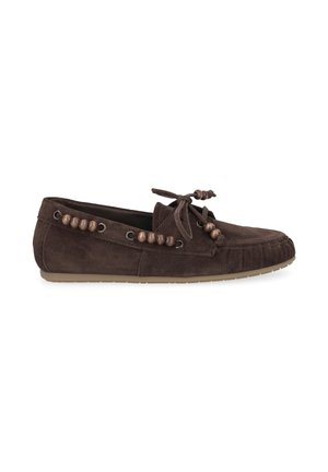 Brown suede moccasin with lace and wooden bead details along the sides and top, featuring a rubber sole.