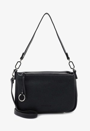 Black leather crossbody bag with a textured finish, featuring a zippered top, adjustable strap, and silver hardware accents.