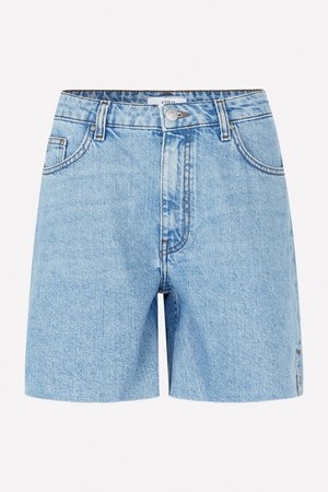 Light blue denim shorts with a frayed hem, featuring a button closure, five pockets, and stitching accents along the seams.