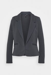Blazer gris texturé à motif quadrillé, avec revers crantés, devant ouvert et deux poches avant. Tissu doux, silhouette cintrée.