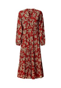 Robe longue rouge avec un motif floral en crème, présentant un décolleté en V, des manches longues, une taille froncée et une jupe à volants.
