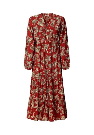 Langes rotes Kleid mit floralem Muster in Creme, mit V-Ausschnitt, langen Ärmeln, gerafftem Taillenbereich und geschichtetem Rock.