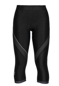 Collants de ciclismo pretos com um ajuste justo, apresentando painéis diagonais cinzentos em contraste, um acolchoado chamois e detalhes refletivos nas laterais.