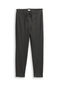 Grijze broek met streepdessin, voorzien van een elastische tailleband en trekkoord, met zijzakken en een taps toelopende pasvorm. Ademend stofmateriaal.