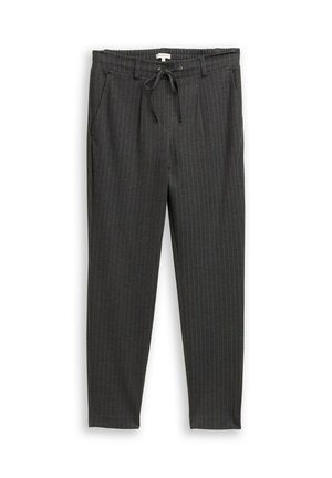 Pantalons gris à rayures avec une taille élastique et un cordon de serrage, dotés de poches latérales et d'une coupe fuselée. Tissu respirant.