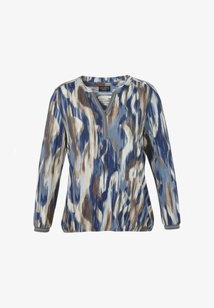 Haut à manches longues avec col en V, fabriqué en tissu léger avec un motif abstrait bleu, brun et crème. Ourlet et poignets élastiqués.