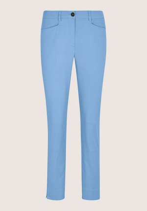 Lichtblauwe, op maat gemaakte broek van een gladde stof, met steekzakken aan de voorkant, een sluiting met één knoop en een slanke pasvorm.