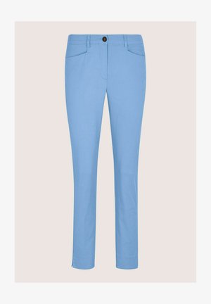 Lichtblauwe, op maat gemaakte broek van een gladde stof, met steekzakken aan de voorkant, een sluiting met één knoop en een slanke pasvorm.