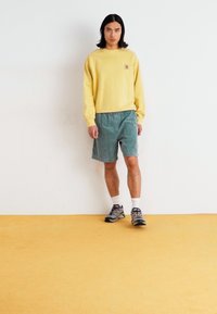 Gelbes Sweatshirt mit Logo, türkisfarbene Shorts und graue Sportschuhe. Das Model steht auf einem gelben Boden vor einer schlichten weißen Wand.