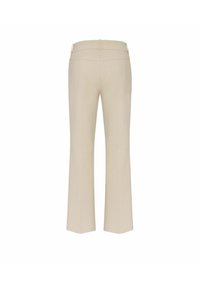 Beige wide-leg trousers with a smooth texture, mid-rise waistband, two back pockets, and subtle stitching details.