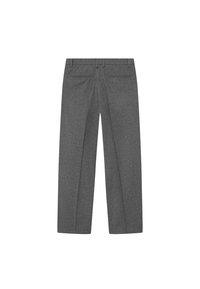 Γκρίζες μάλλινες παντελόνες με ίσια γραμμή, δύο πίσω τσέπες και λεία υφή. Διαθέτουν μονές πτυχές κατά μήκος του μπροστινού  μέρους.