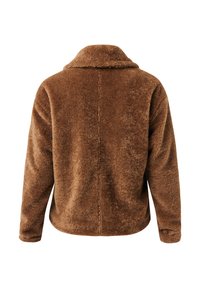 Bruine nep-bont jas met lange mouwen en een kraag, van achteren weergegeven op een witte achtergrond.