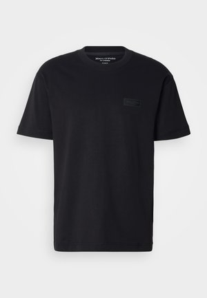 Black cotton short-sleeve t-shirt with a crew neckline and a textured, black logo patch on the chest. Smooth, lightweight fabric.